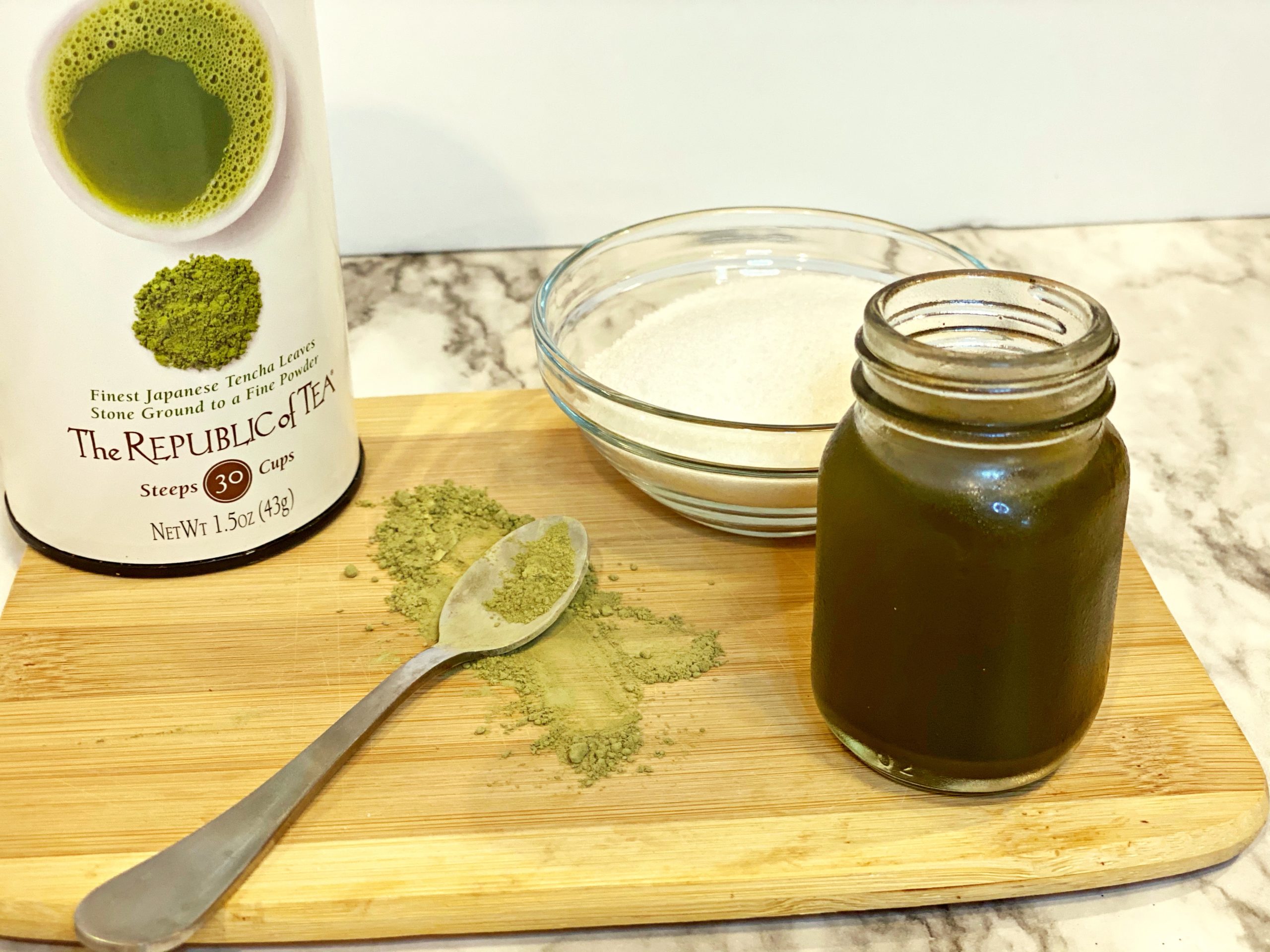 Matcha simple syrup is a great way to invigorate your iced tea, sparkling water, or a cocktail.